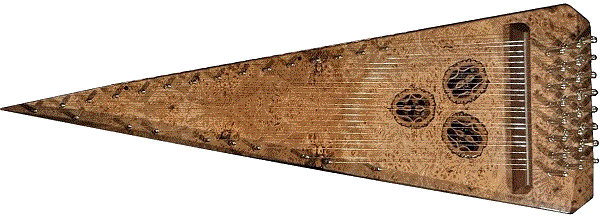 An Archie Smith 'Horsebottom Ridge' bowed psaltery that uses black walnut cross-sections for the sound holes.  Click for bigger picture.
