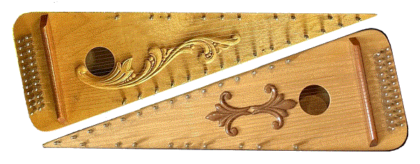 Two typical Dave Lucas psalteries with the glued-on wood trim.  Click for bigger photo.