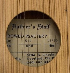 The sticker from a 1995 Luthier's Staff bowed psaltery.  Click for bigger photo.