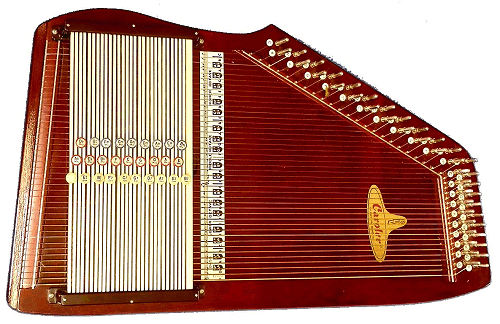 RBI Chromaharp's 'Caroler' is a 27-chord, 43-string monster built for small churches, community choirs, and other groups that couldn't afford a piano.  It includes the ability to play in keys that standard autoharps don't allow like Ab and E major, as well as Bb and F minor. Click for bigger photo.