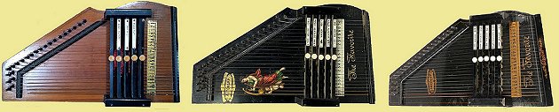 Late-1800s to early 1900s 5-chord autoharps.  Click for bigger photo.