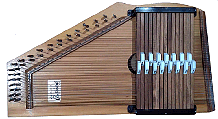 An Oscar Schmidt 15-chord 'Appalachian' model autoharp, replacing Eb and F7 with E and A. Not to be confused with the standard-tuning 'Appalachians' being made today. Click for bigger photo.