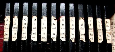 The chord bar arrangement of a Rosen (Hopf) 12-chord autoharp. Click for bigger  photo.