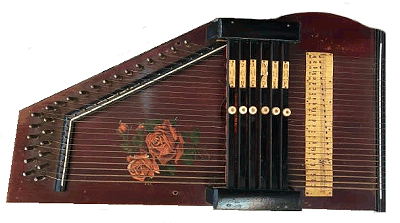 A walnut-toned 6-chord 'Rosen' autoharp, possible made before 1920, almost certainly a Hopf.  Click for a slightly bigger photo.