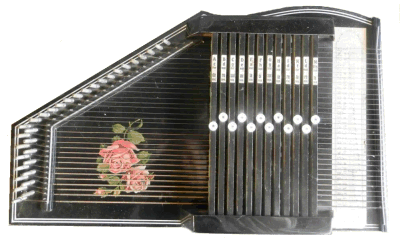 The 12-chord Rosen (Hopf) autoharp, a popular model that eventually abandoned the rose decal.  Click for bigger photo.