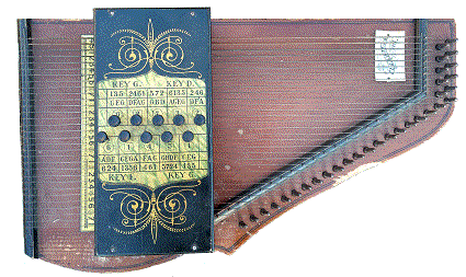 This is actually a bad example of a pushbutton autoharp that was made in Canada - it's chord button setup is 'backwards,' possibly for a left-handed person. Click for bigger picture.