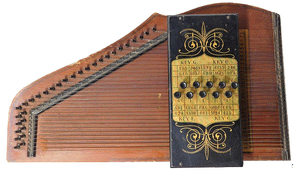 This pushbutton autoharp was probably made in Canada between 1910 and 1920.  It was set up specifically to play 3-chord songs in the keys of F, C, G,and D.