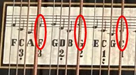 As a space-saving measure, the bass note of each chord cluster is shown an octave higher than it should be tuned.